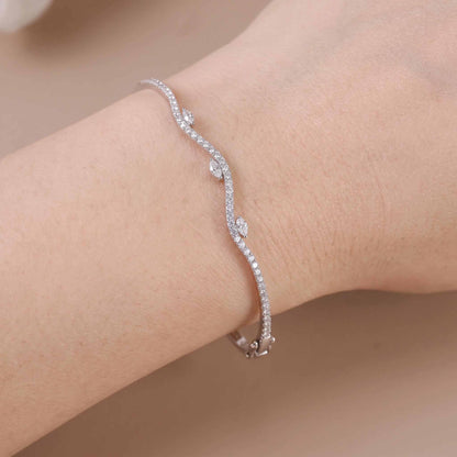 Natural Marquise and Round Diamond Wave Bangle in 18K White Gold - JewelryAndStore