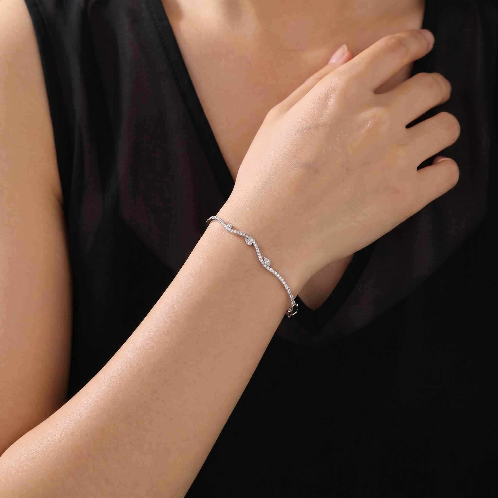 Natural Marquise and Round Diamond Wave Bangle in 18K White Gold - JewelryAndStore