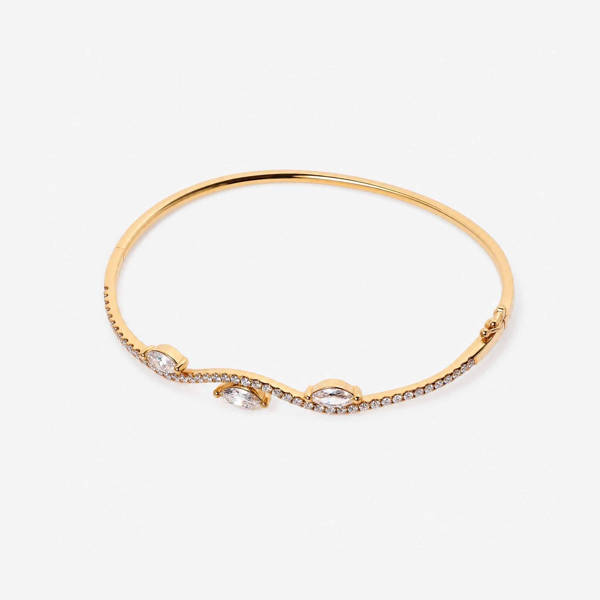 1.23ct Natural Marquise and Round Diamond Wave Bangle in 18K Yellow Gold - JewelryAndStore