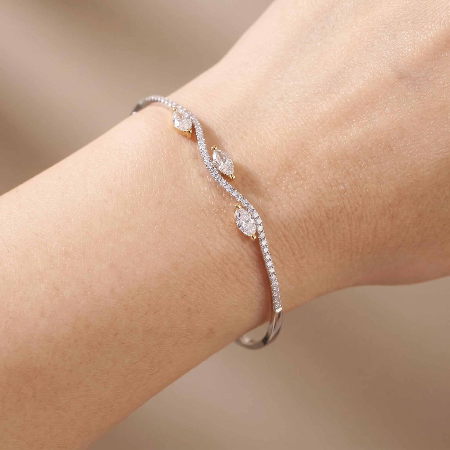 1.37ct Natural Marquise and Round Diamond Wave Bangle in 18K White Gold - JewelryAndStore