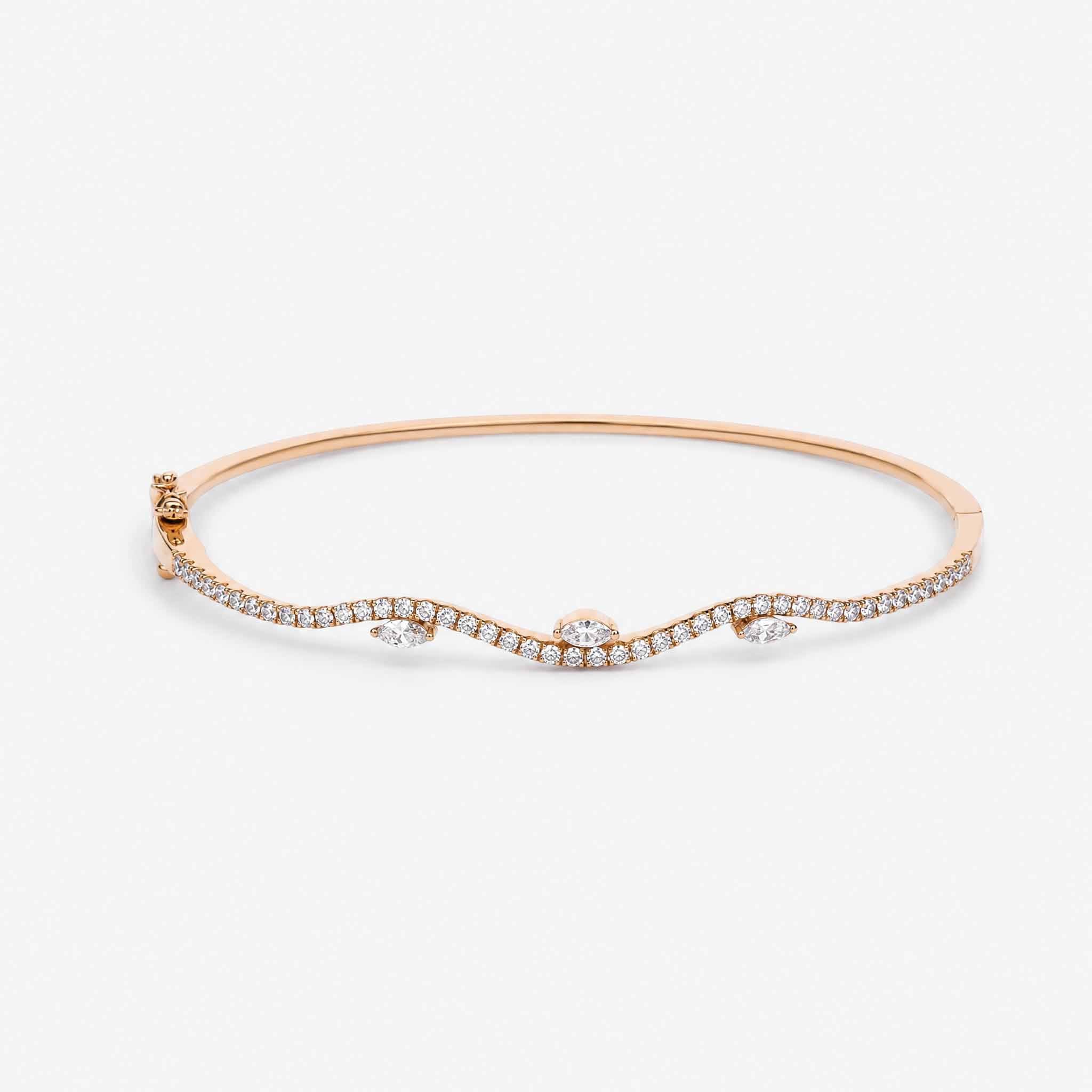 Natural Marquise and Round Diamond Wave Bangle in 18K Rose Gold - JewelryAndStore