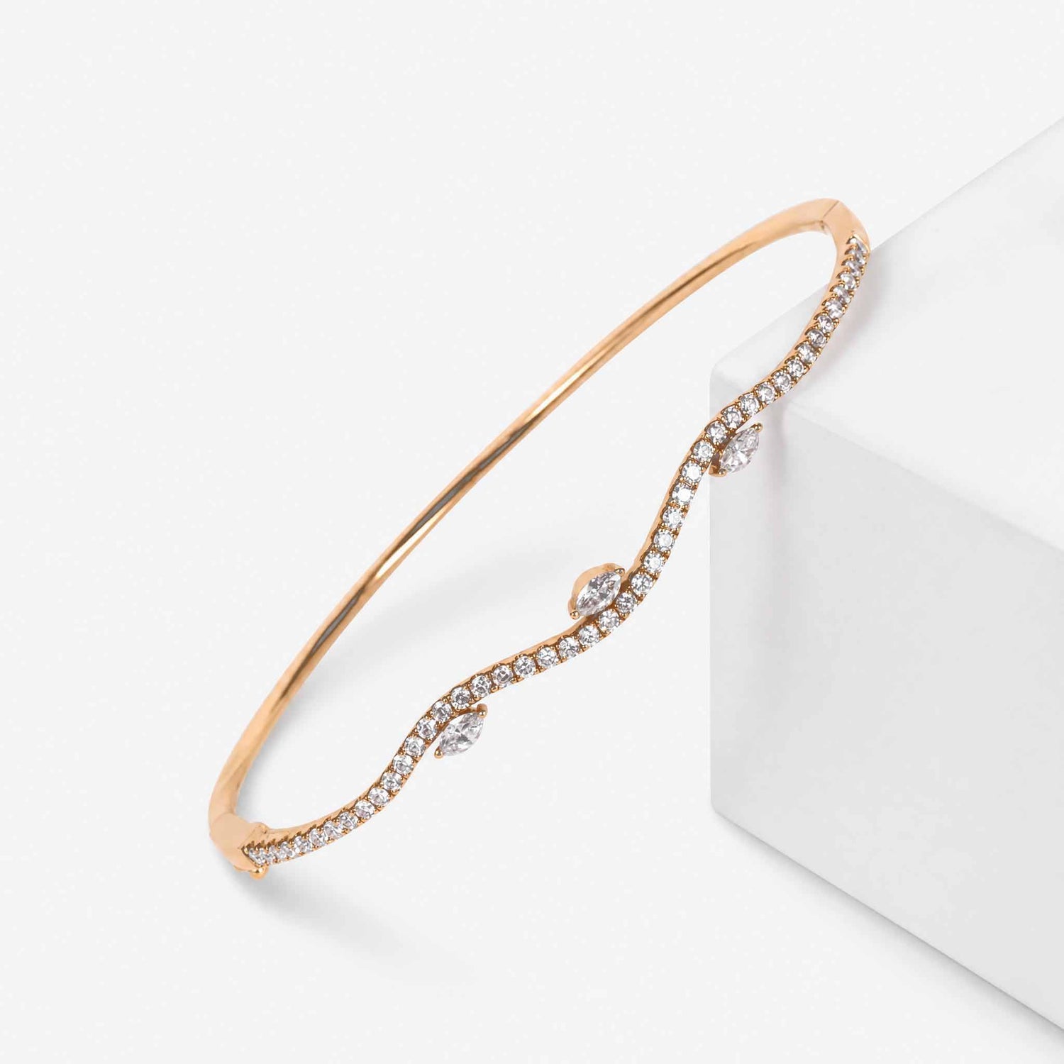 Natural Marquise and Round Diamond Wave Bangle in 18K Rose Gold - JewelryAndStore