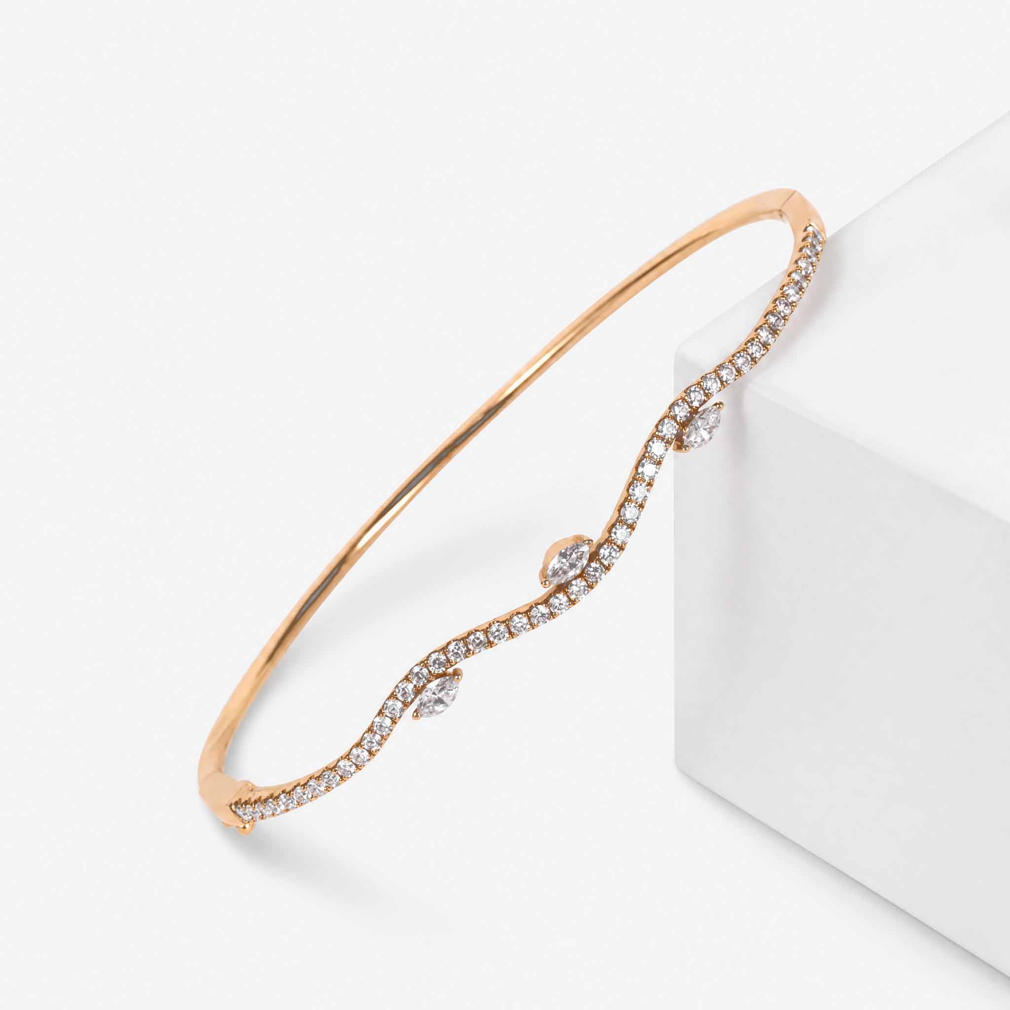 Natural Marquise and Round Diamond Wave Bangle in 18K Rose Gold - JewelryAndStore