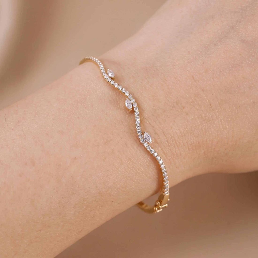 Natural Marquise and Round Diamond Wave Bangle in 18K Rose Gold - JewelryAndStore