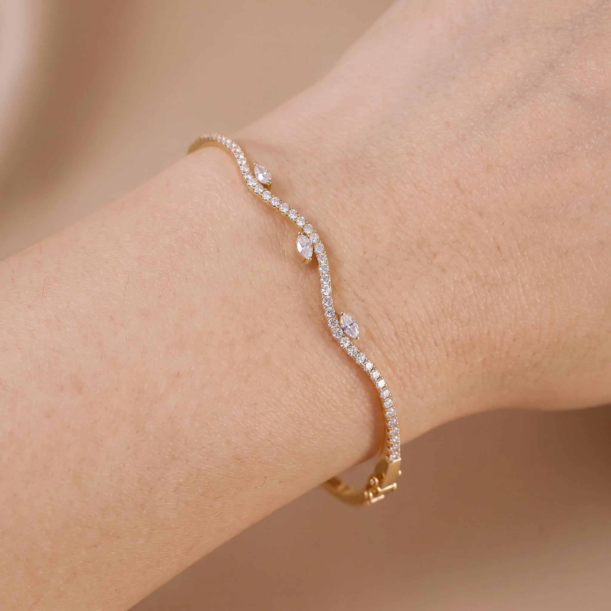 Natural Marquise and Round Diamond Wave Bangle in 18K Rose Gold - JewelryAndStore