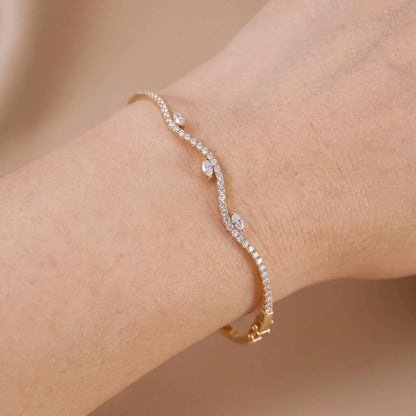 Natural Marquise and Round Diamond Wave Bangle in 18K Rose Gold - JewelryAndStore