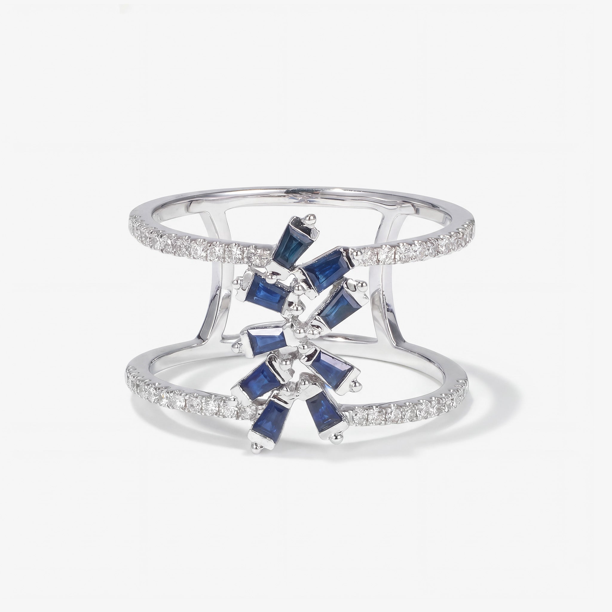 Natural Blue Sapphire and Diamond Double Row Ring in 18K White Gold - JewelryAndStore