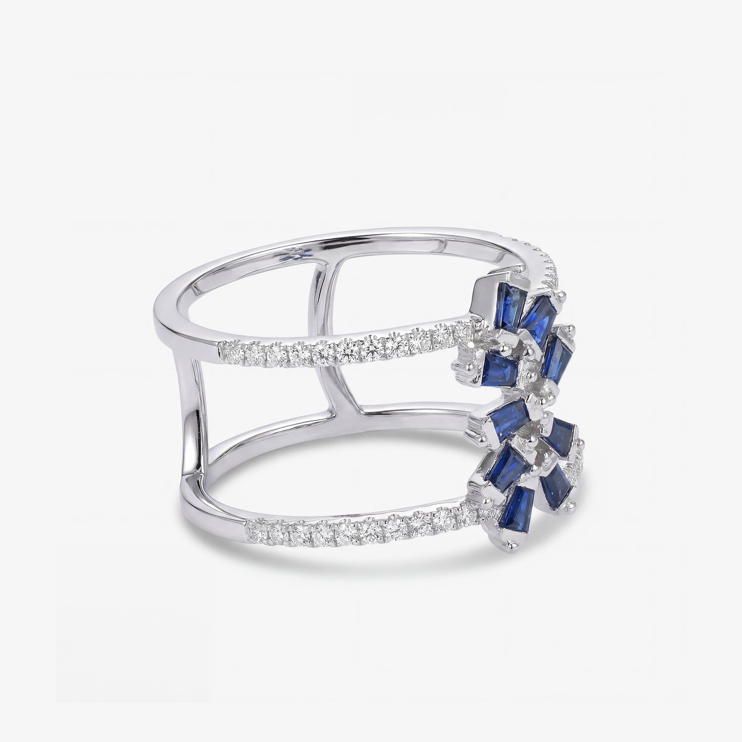 Natural Blue Sapphire and Diamond Double Row Ring in 18K White Gold - JewelryAndStore