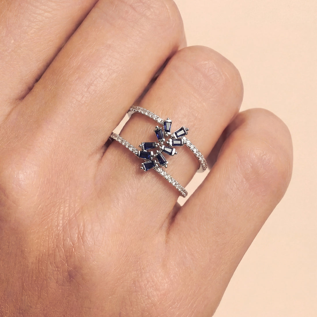 Natural Blue Sapphire and Diamond Double Row Ring in 18K White Gold - JewelryAndStore