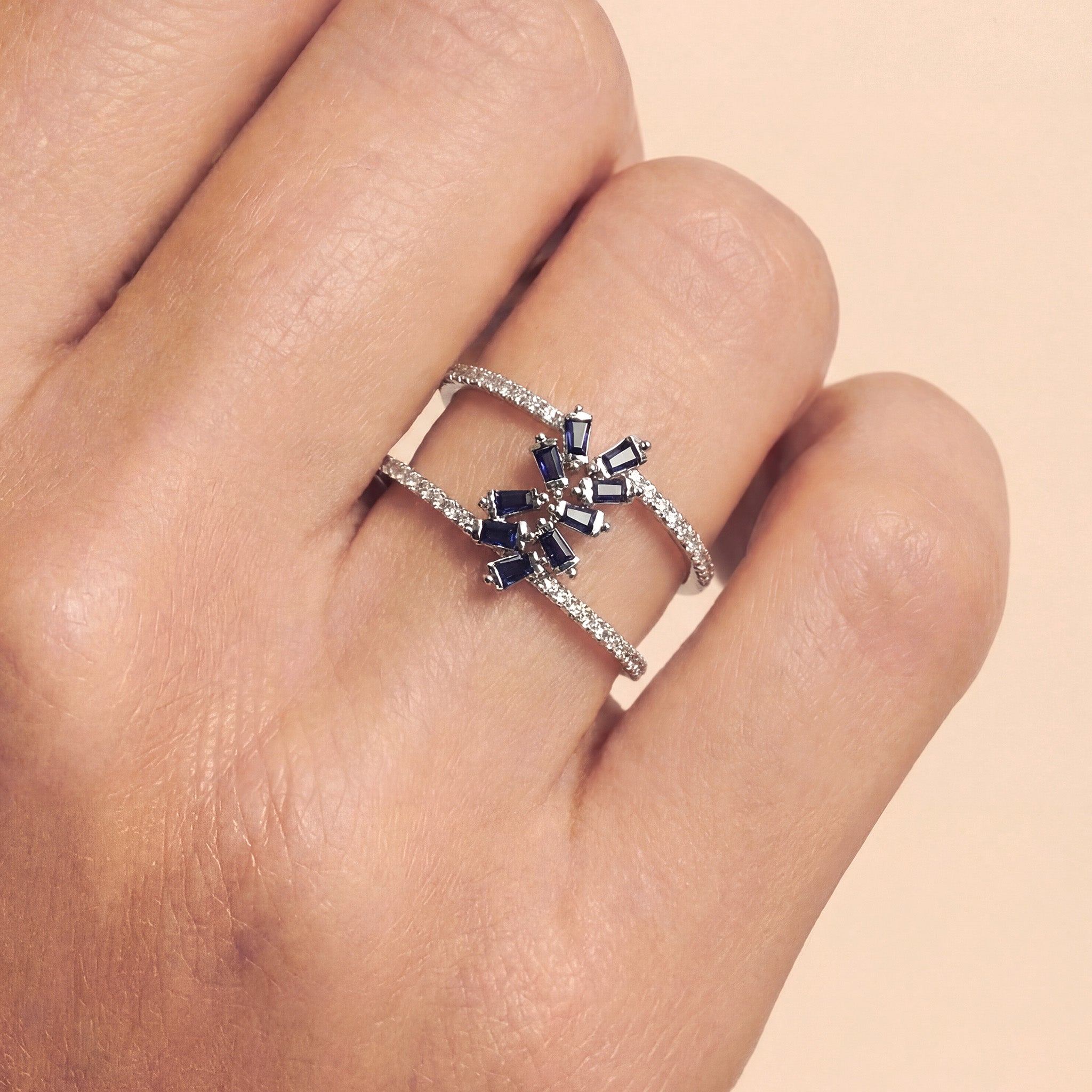 Natural Blue Sapphire and Diamond Double Row Ring in 18K White Gold - JewelryAndStore