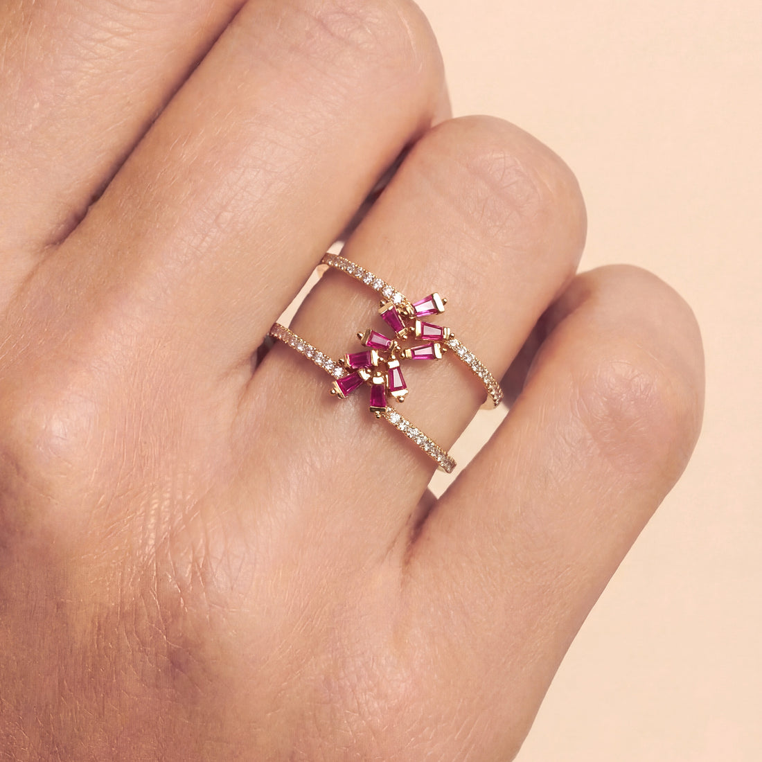 18K Gold Natural Diamond &amp; Ruby Double Row Ring - JewelryAndStore