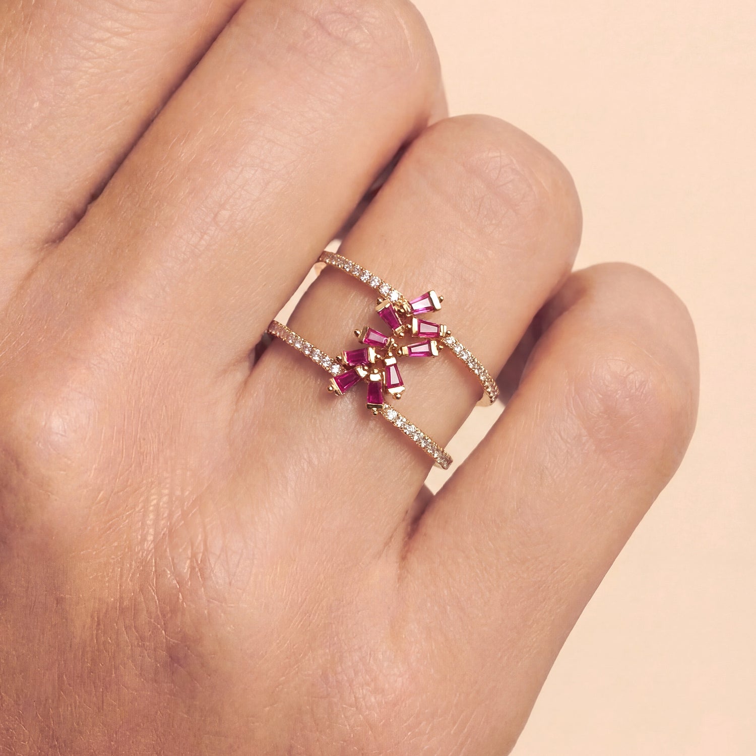 18K Gold Natural Diamond &amp; Ruby Double Row Ring - JewelryAndStore