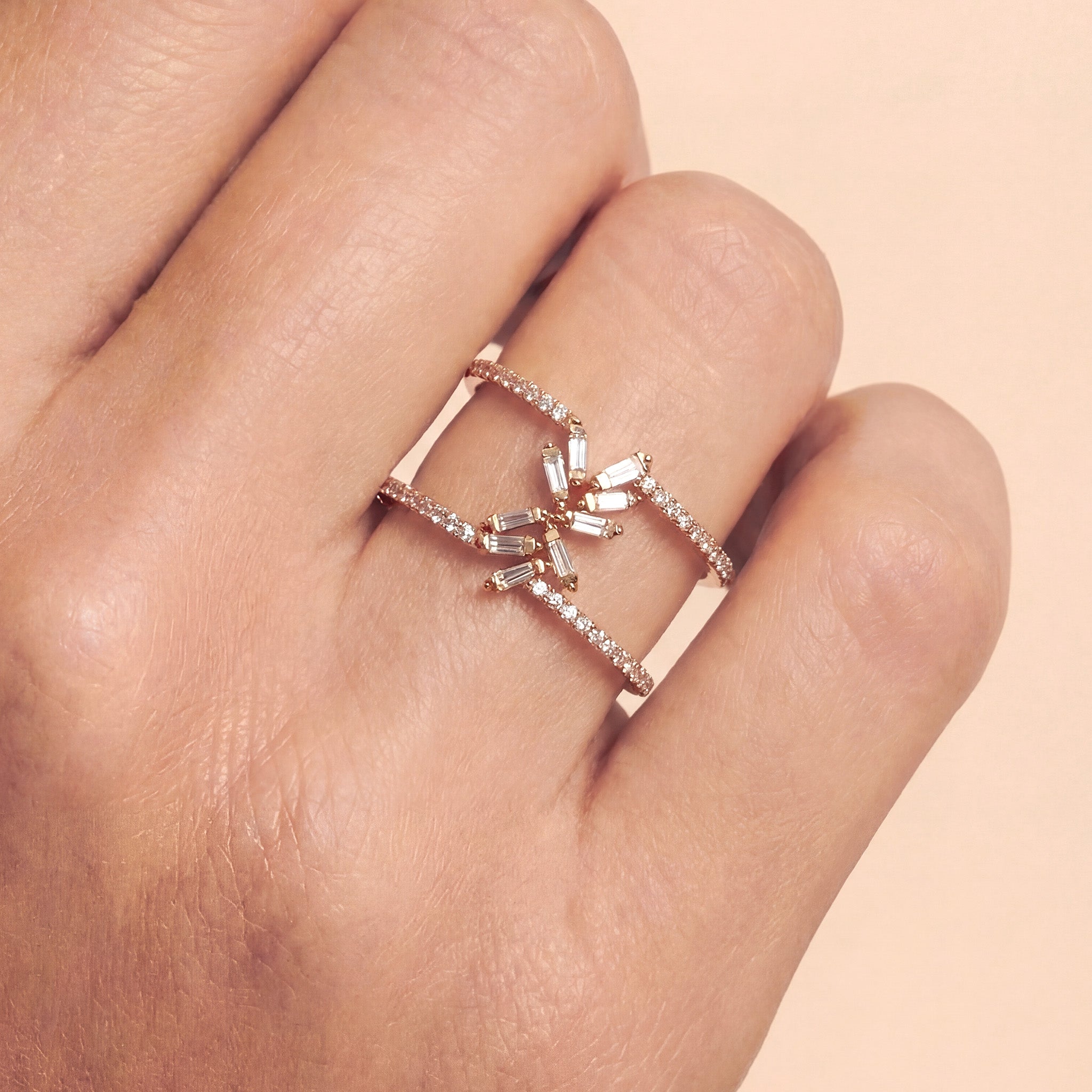 Natural Diamond Double Row Geometric Ring in 18K Rose Gold - JewelryAndStore