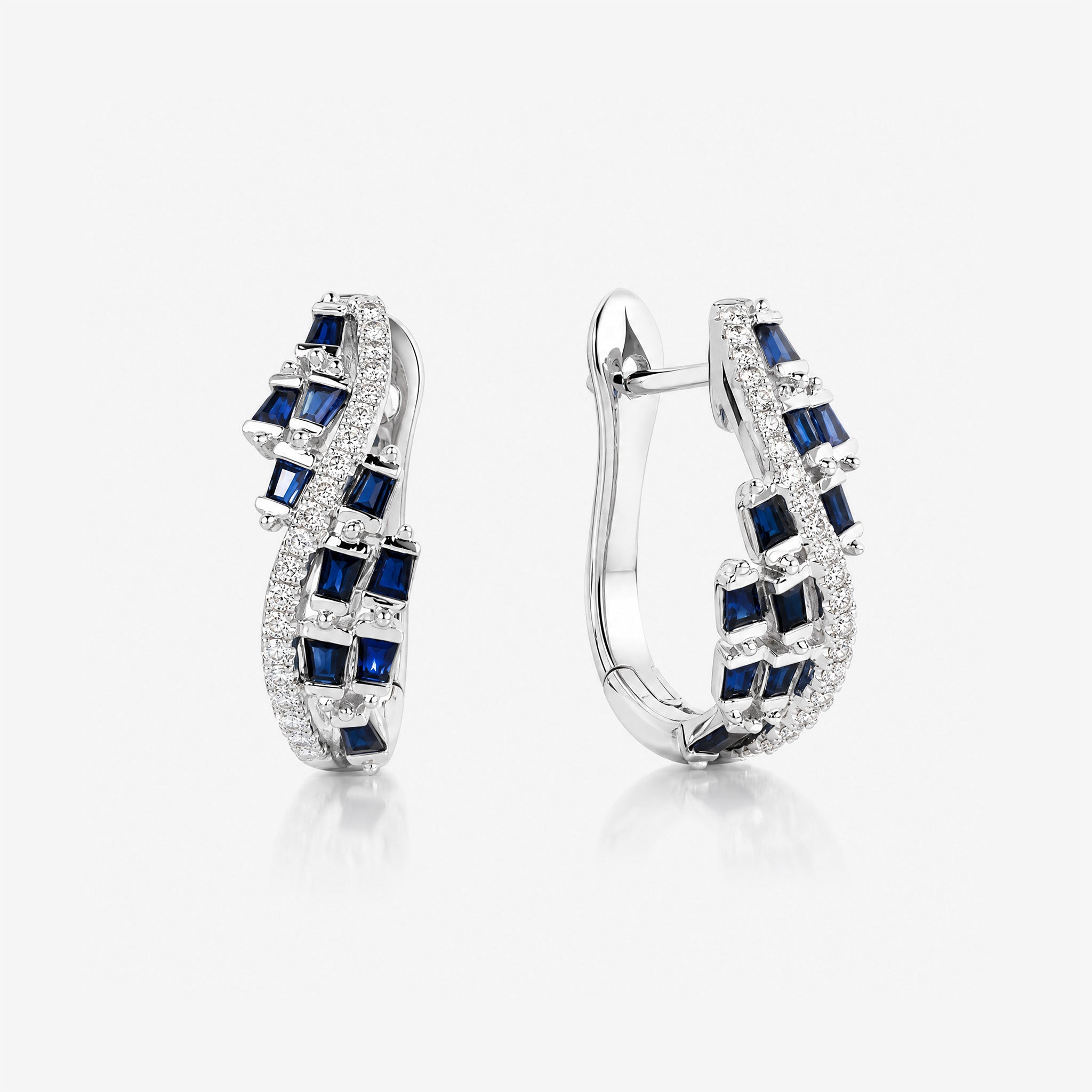 Natural Blue Sapphire and Diamond Huggie Earrings in 18K White Gold - JewelryAndStore