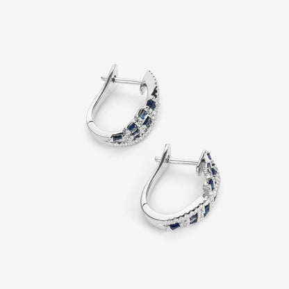 Natural Blue Sapphire and Diamond Huggie Earrings in 18K White Gold - JewelryAndStore