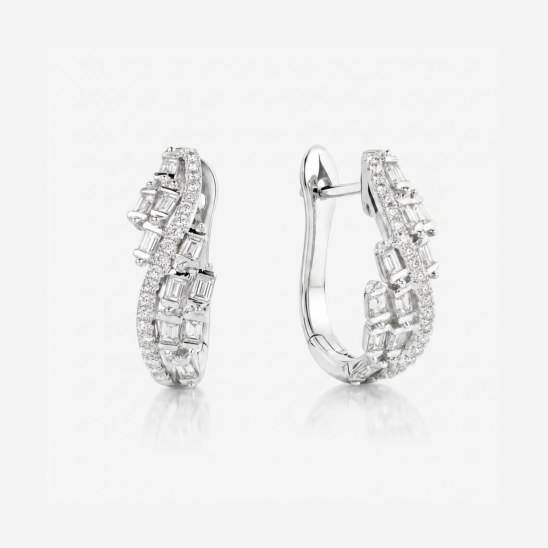 Natural Baguette and Round Diamond Huggie Earrings in 18K White Gold - JewelryAndStore