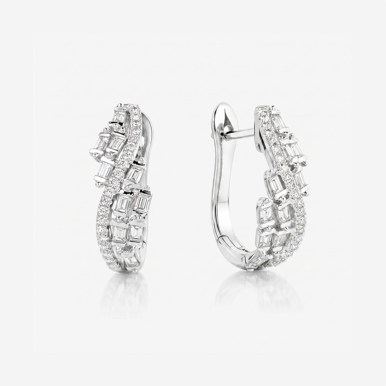 Natural Baguette and Round Diamond Huggie Earrings in 18K White Gold - JewelryAndStore