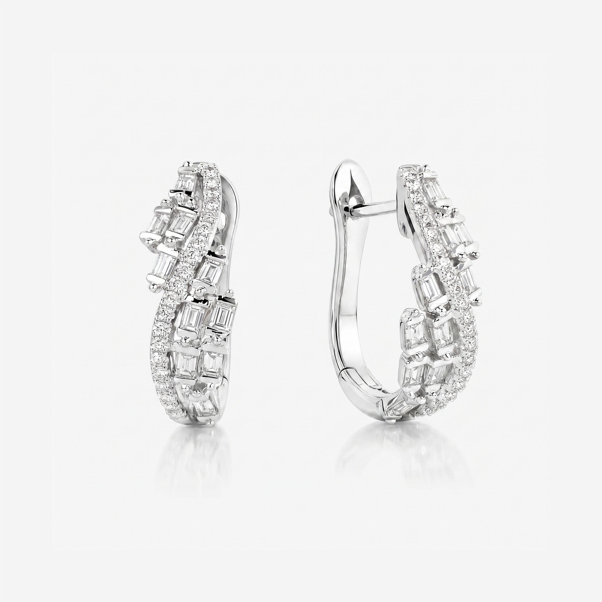 Natural Baguette and Round Diamond Huggie Earrings in 18K White Gold - JewelryAndStore