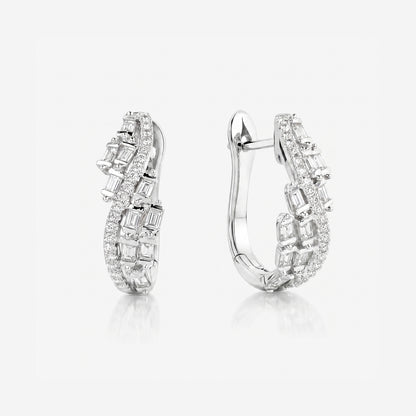 Natural Baguette and Round Diamond Huggie Earrings in 18K White Gold - JewelryAndStore
