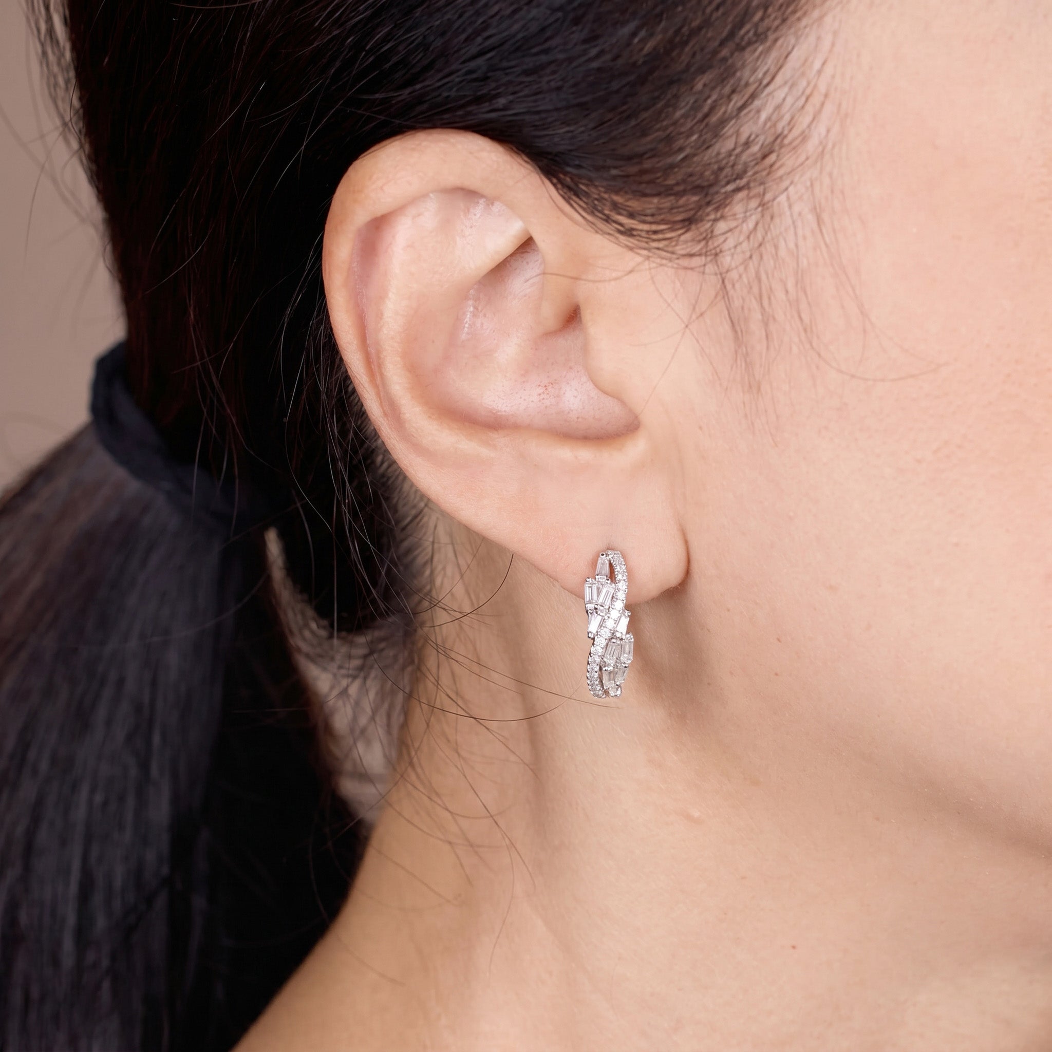 Natural Baguette and Round Diamond Huggie Earrings in 18K White Gold - JewelryAndStore