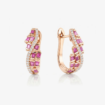 Natural Pink Sapphire and Diamond Huggie Earrings in 18K Rose Gold - JewelryAndStore
