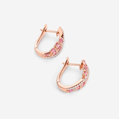 Natural Pink Sapphire and Diamond Huggie Earrings in 18K Rose Gold - JewelryAndStore