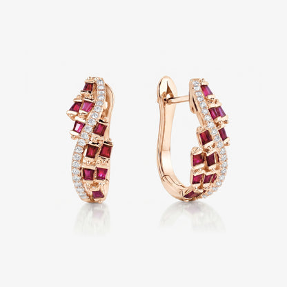 Natural Ruby and Diamond Huggie Earrings in 18K Rose Gold - JewelryAndStore