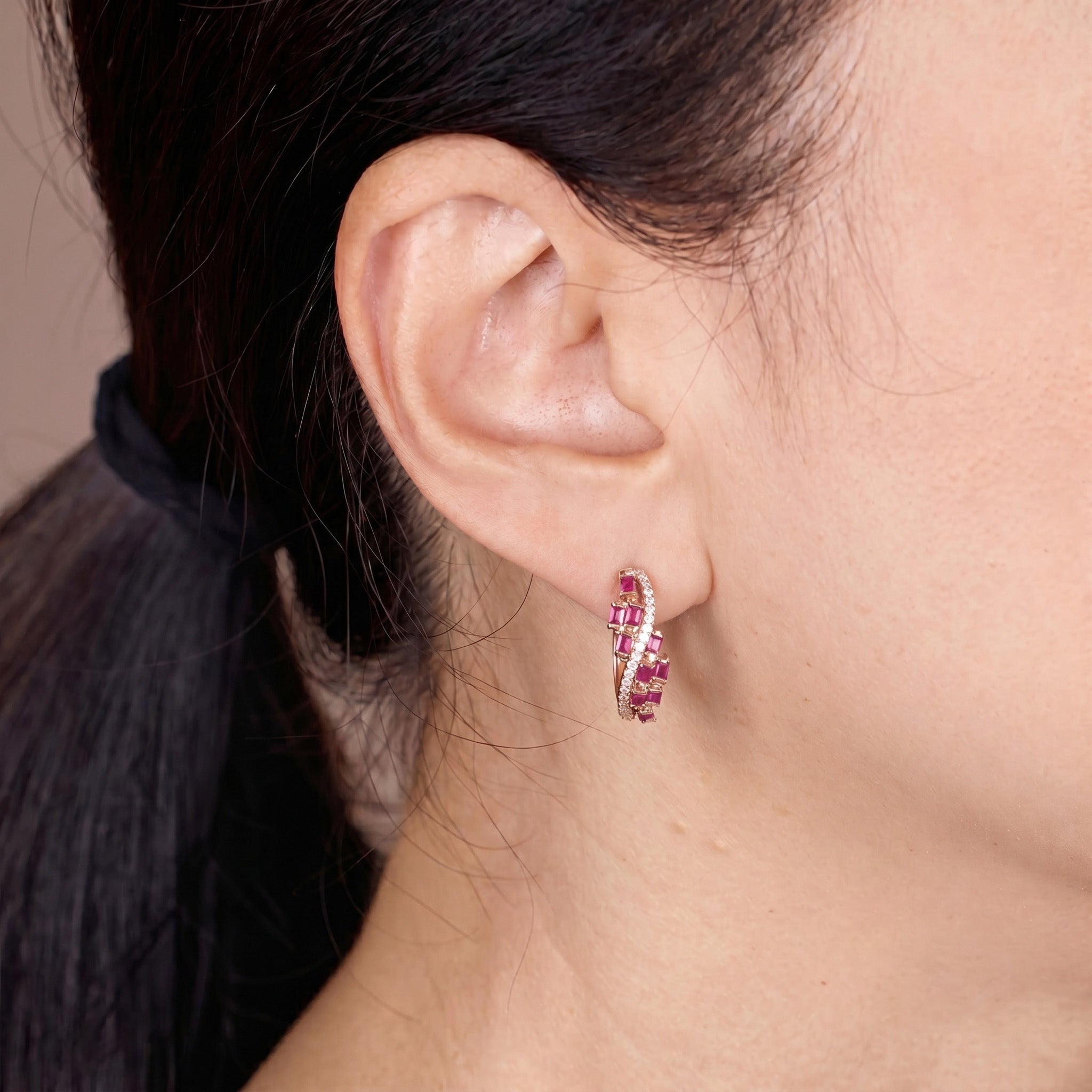 Natural Ruby and Diamond Huggie Earrings in 18K Rose Gold - JewelryAndStore