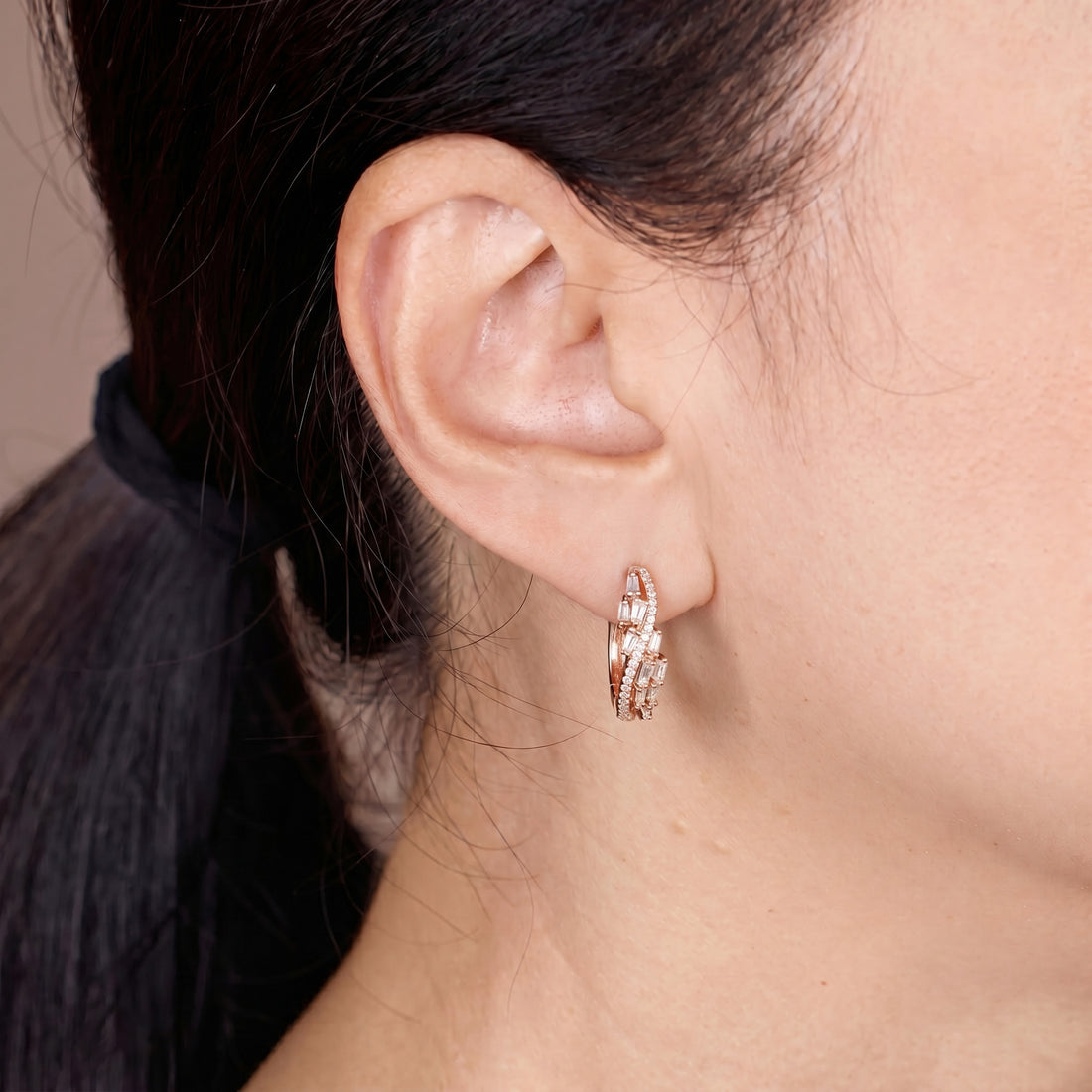 Natural Baguette and Round Diamond Huggie Earrings in 18K Rose Gold - JewelryAndStore