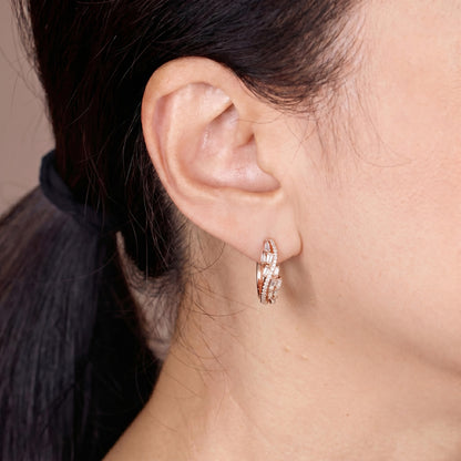 Natural Baguette and Round Diamond Huggie Earrings in 18K Rose Gold - JewelryAndStore