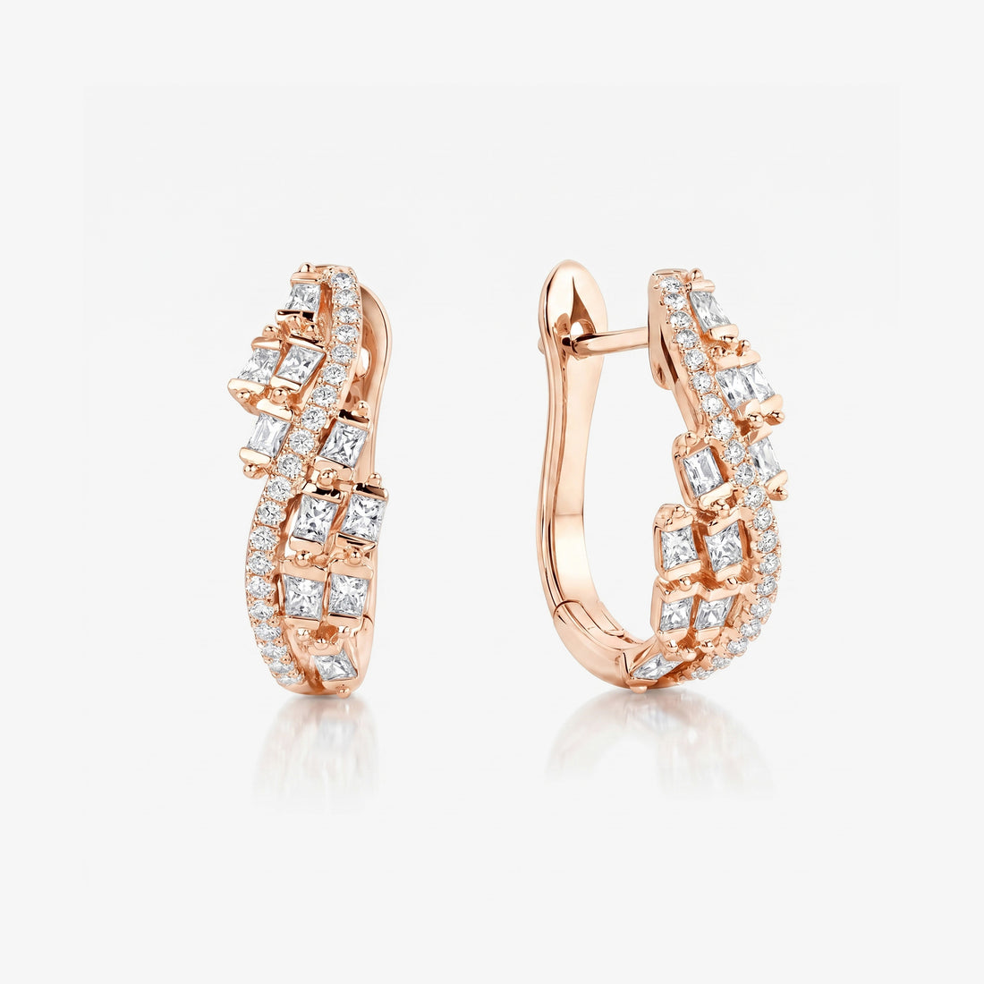 Natural Baguette and Round Diamond Huggie Earrings in 18K Rose Gold - JewelryAndStore