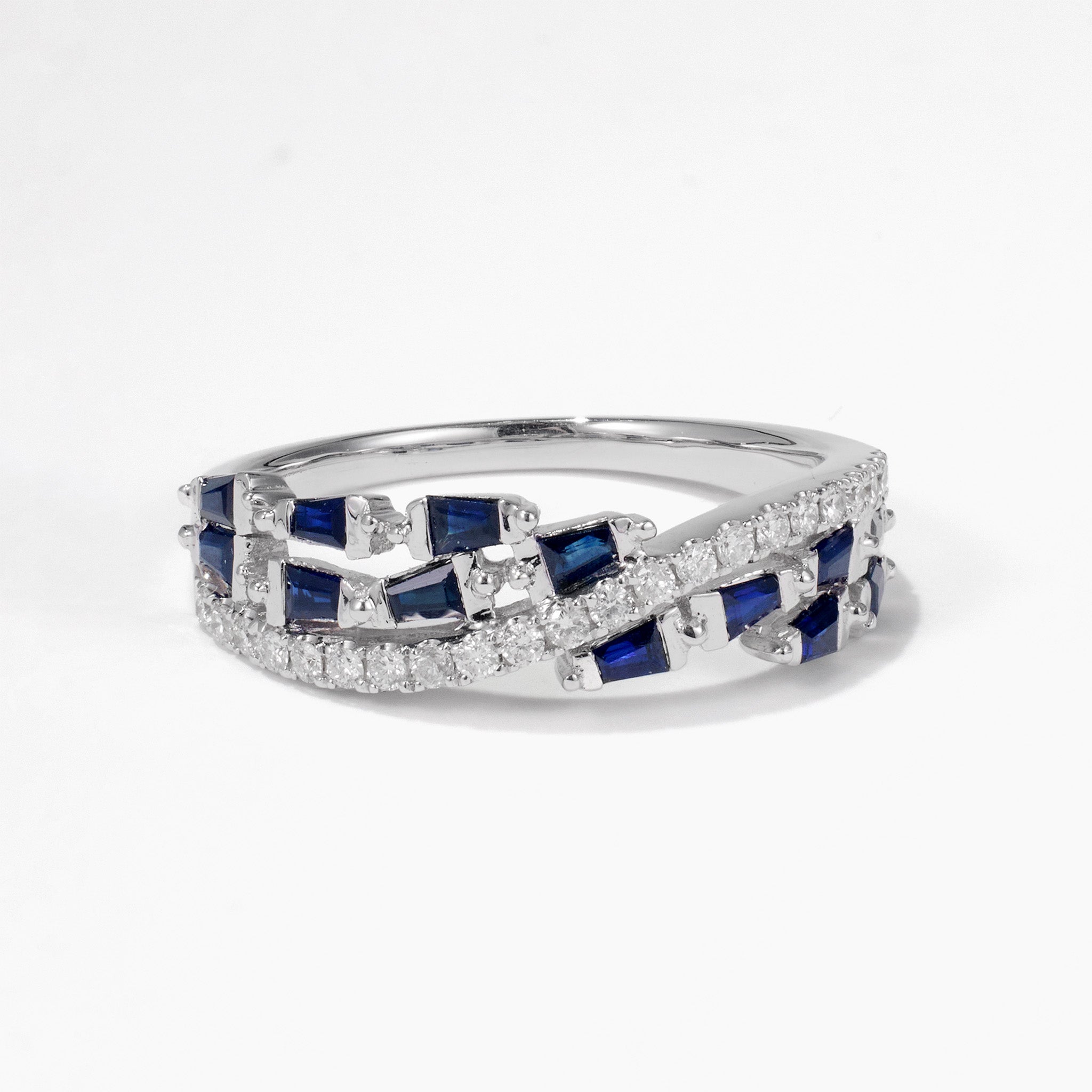 Natural Blue Sapphire and Diamond Criss Cross Wave Band Ring in 18K White Gold - JewelryAndStore