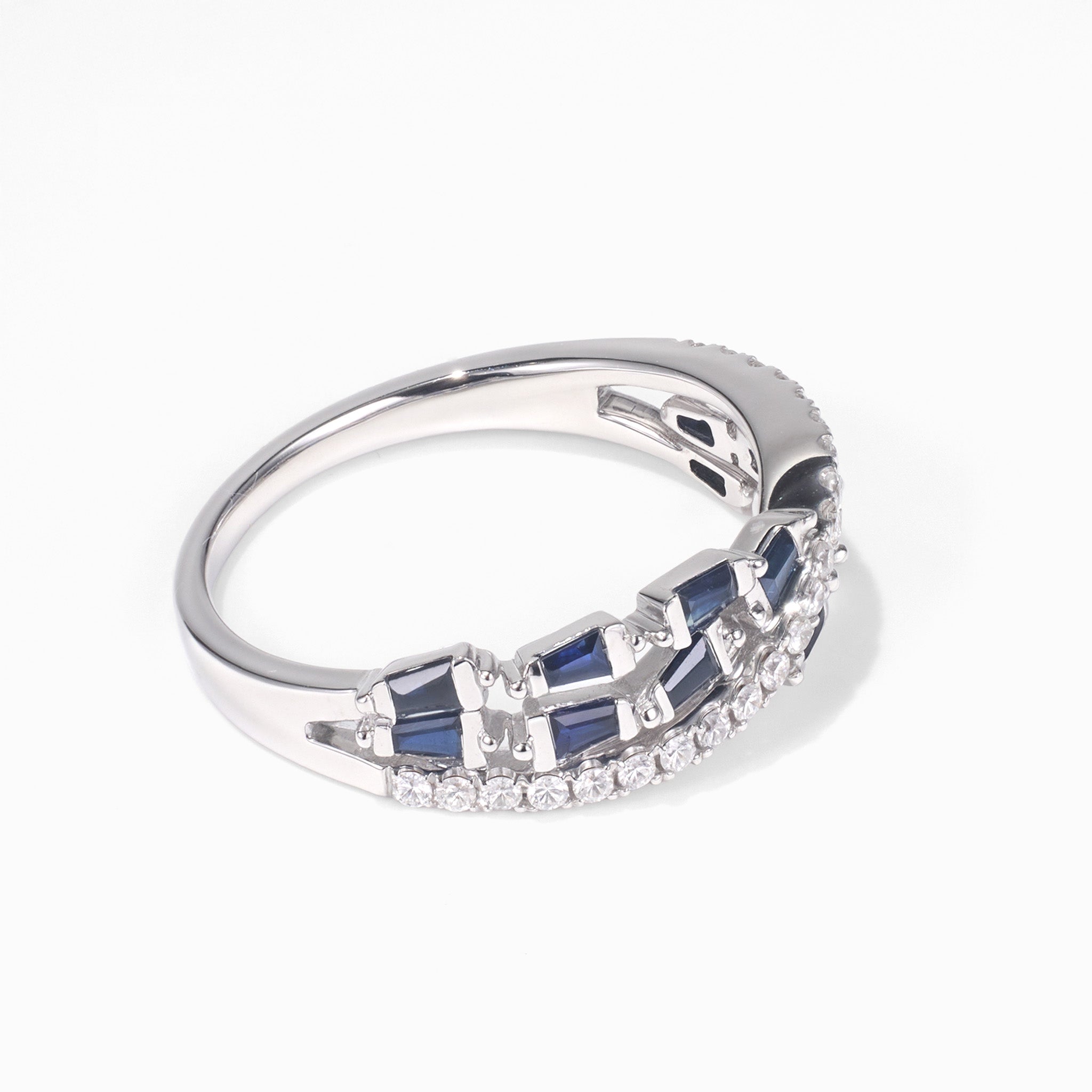 Natural Blue Sapphire and Diamond Criss Cross Wave Band Ring in 18K White Gold - JewelryAndStore