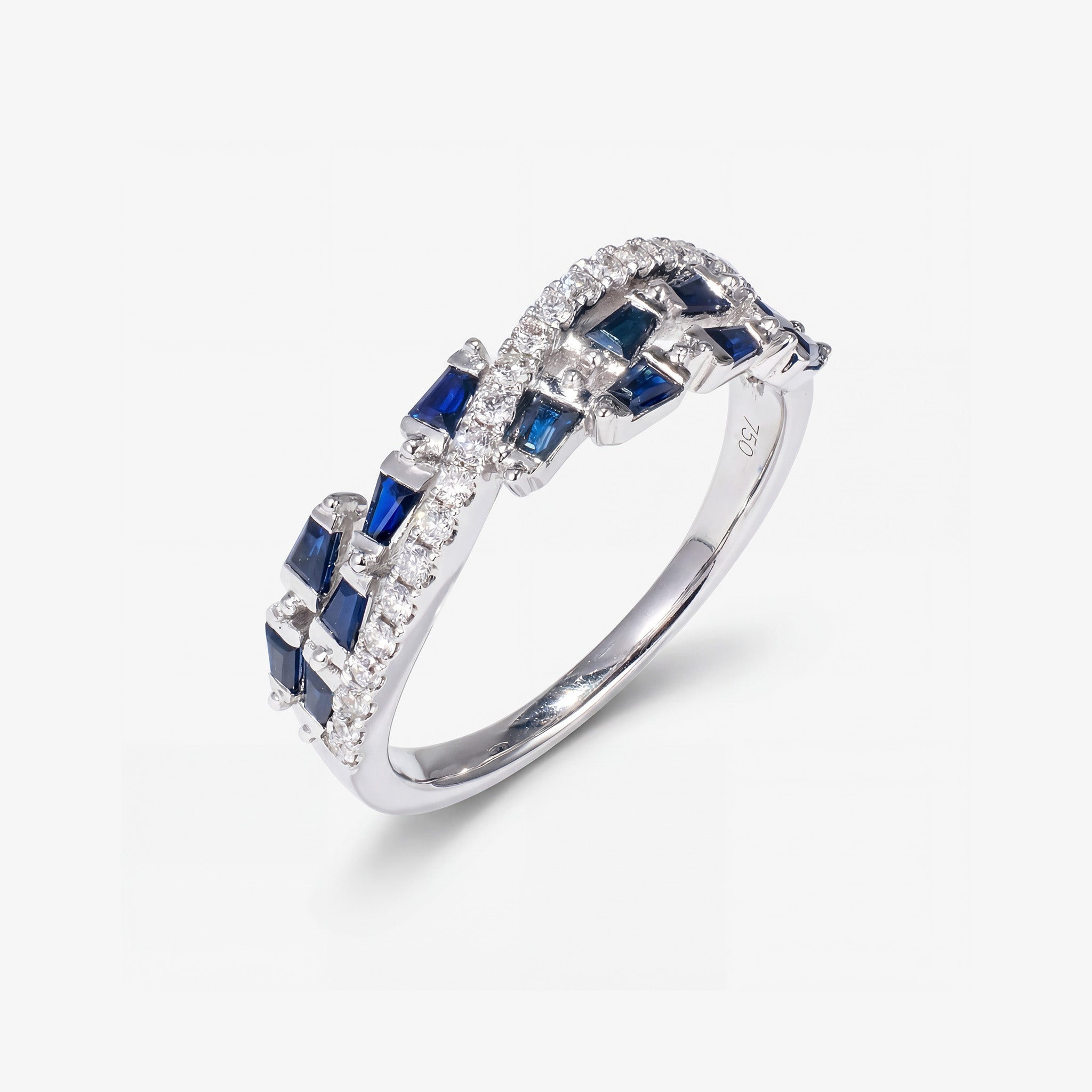 Natural Blue Sapphire and Diamond Criss Cross Wave Band Ring in 18K White Gold - JewelryAndStore
