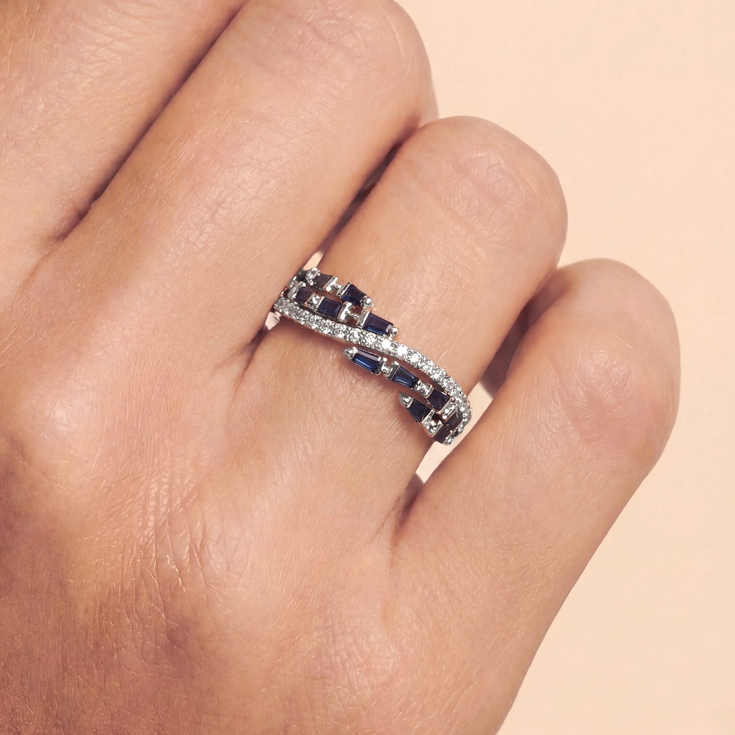 Natural Blue Sapphire and Diamond Criss Cross Wave Band Ring in 18K White Gold - JewelryAndStore