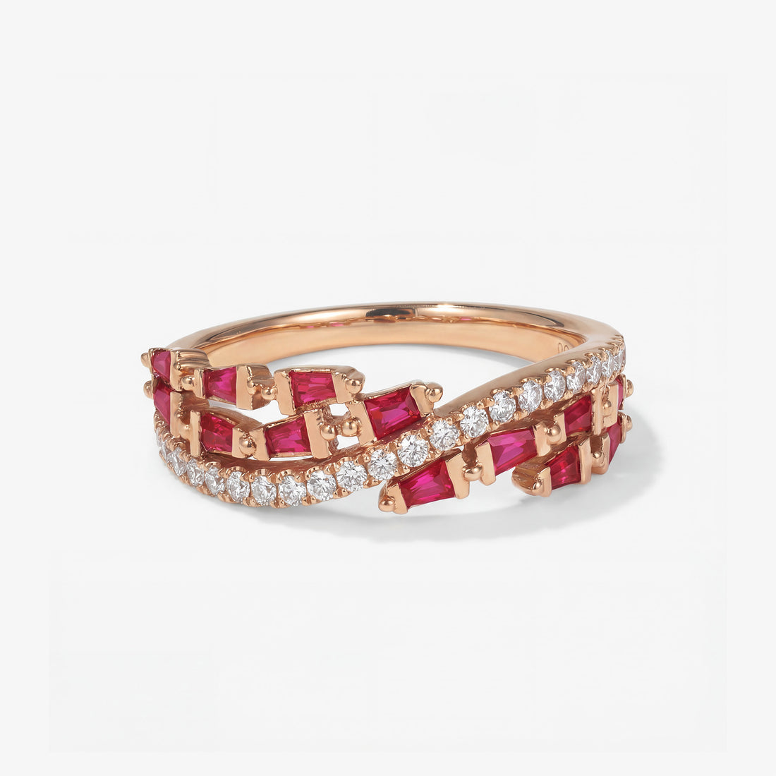Natural Ruby and Diamond Criss Cross Wave Band Ring in 18K Rose Gold - JewelryAndStore