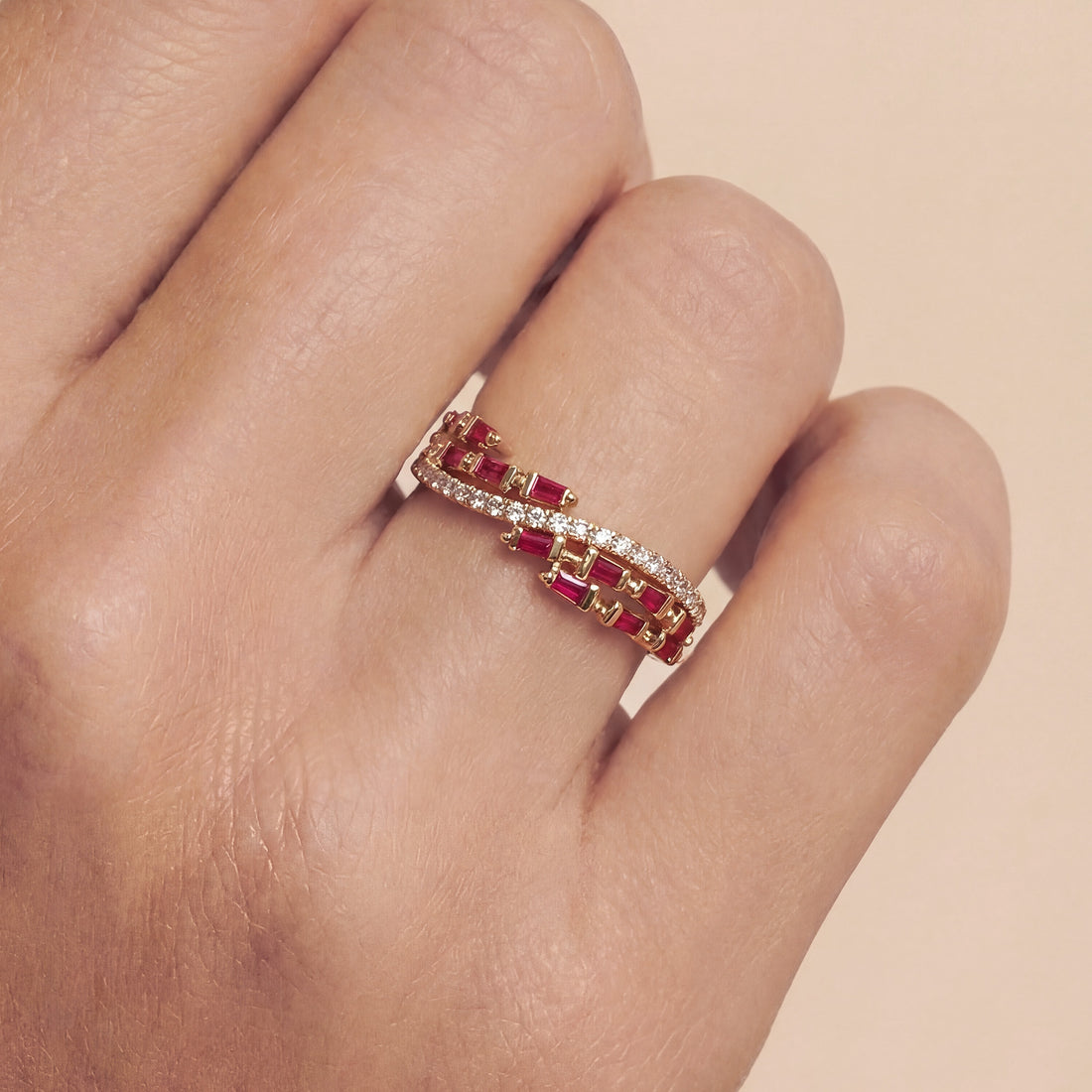 Natural Ruby and Diamond Criss Cross Wave Band Ring in 18K Rose Gold - JewelryAndStore
