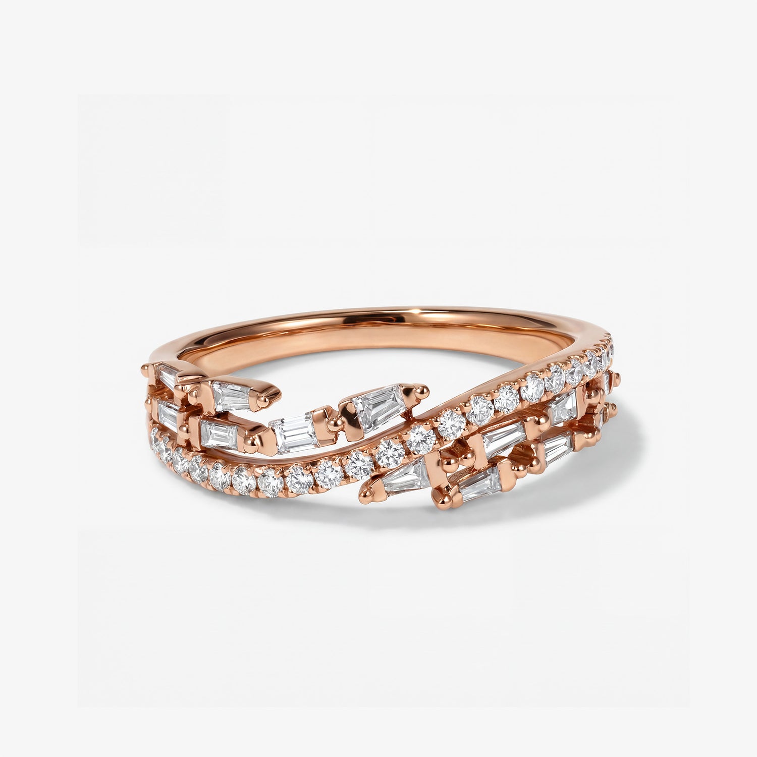 Modern Baguette and Round Diamond Wave Band in 18K Rose Gold - JewelryAndStore
