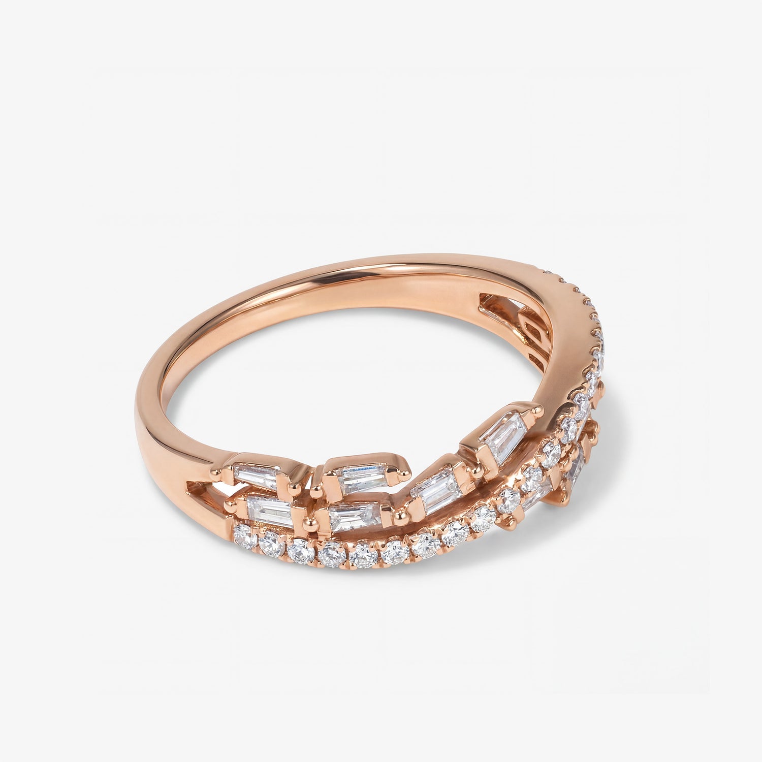 Modern Baguette and Round Diamond Wave Band in 18K Rose Gold - JewelryAndStore