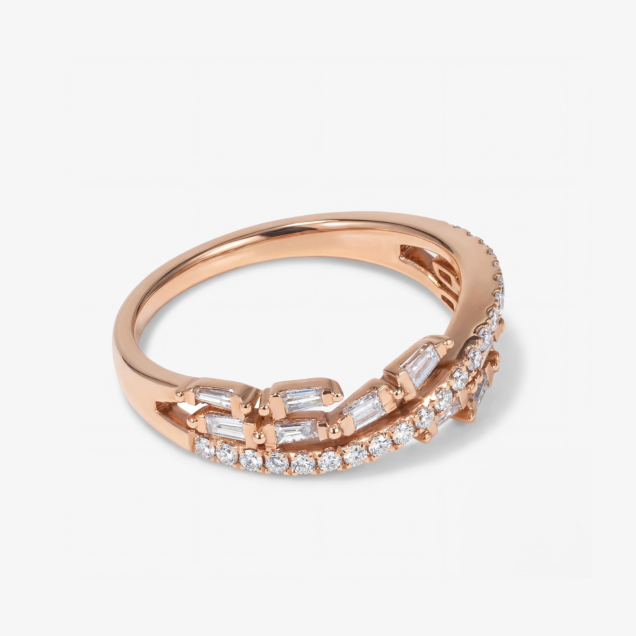 Modern Baguette and Round Diamond Wave Band in 18K Rose Gold - JewelryAndStore