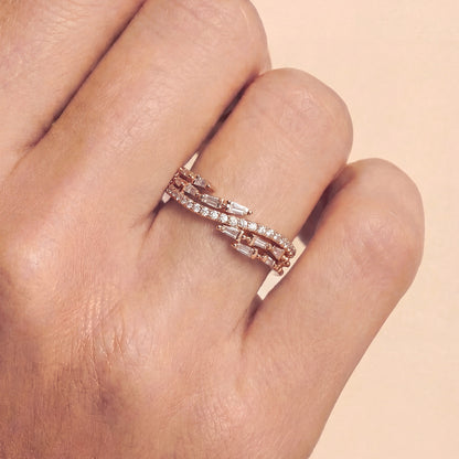 Modern Baguette and Round Diamond Wave Band in 18K Rose Gold - JewelryAndStore