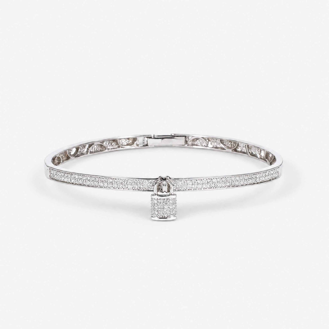 Natural Diamond Micro - Pave Bangle with Padlock Charm in 18K White Gold - JewelryAndStore