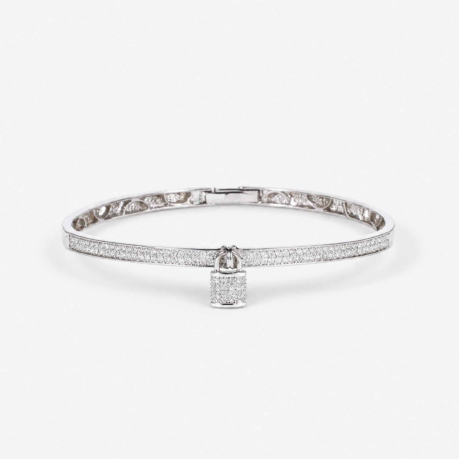 Natural Diamond Micro - Pave Bangle with Padlock Charm in 18K White Gold - JewelryAndStore