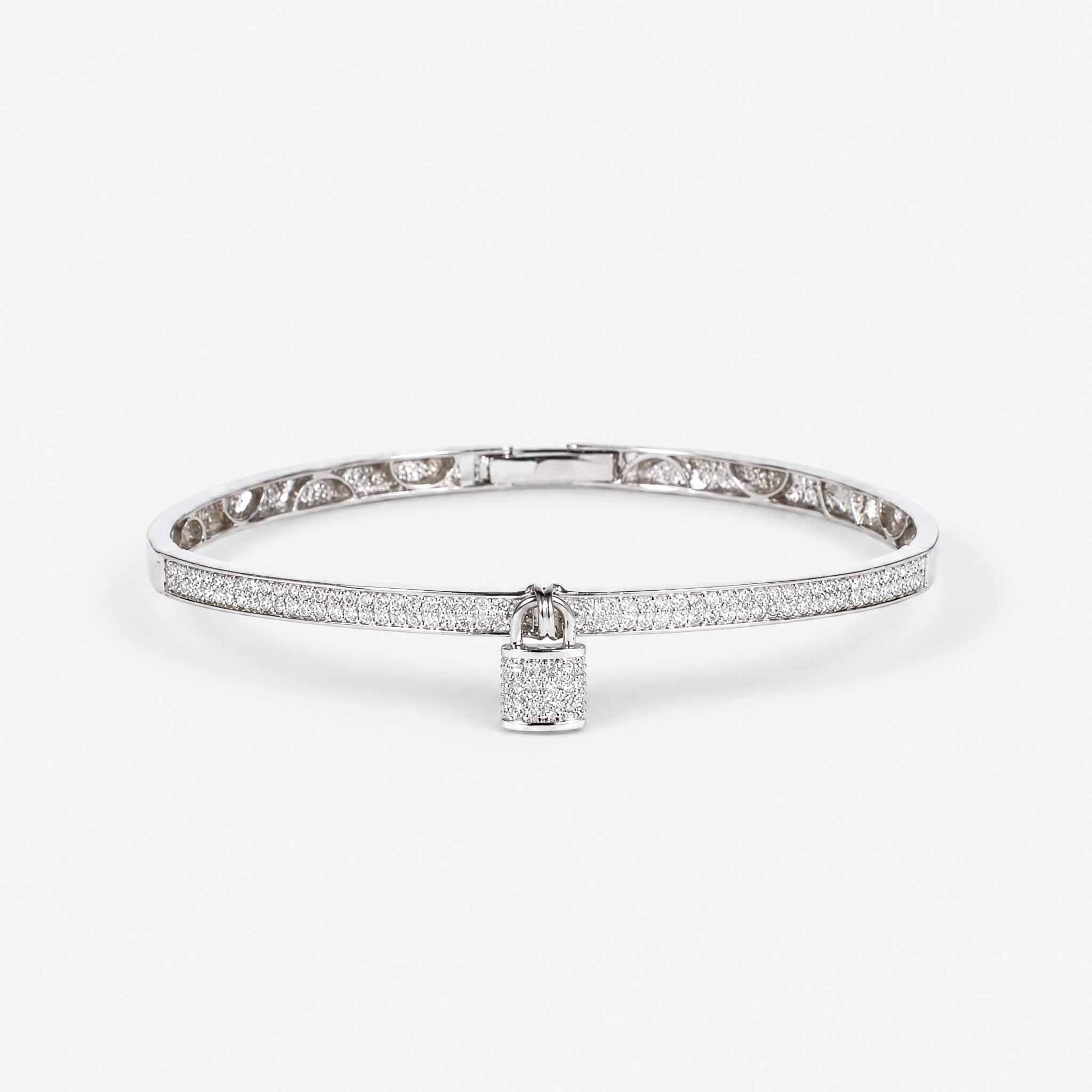 Natural Diamond Micro - Pave Bangle with Padlock Charm in 18K White Gold - JewelryAndStore