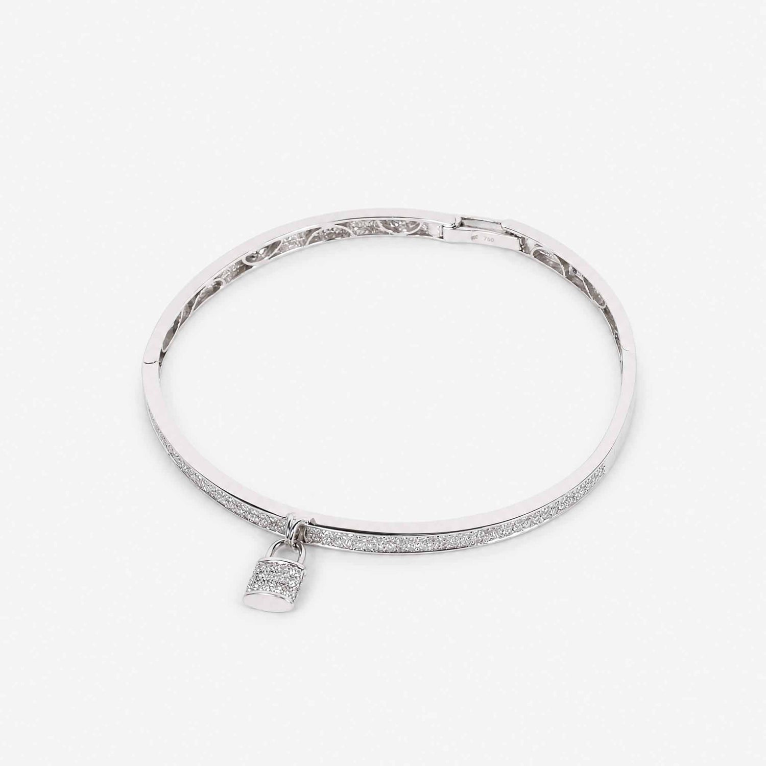 Natural Diamond Micro - Pave Bangle with Padlock Charm in 18K White Gold - JewelryAndStore