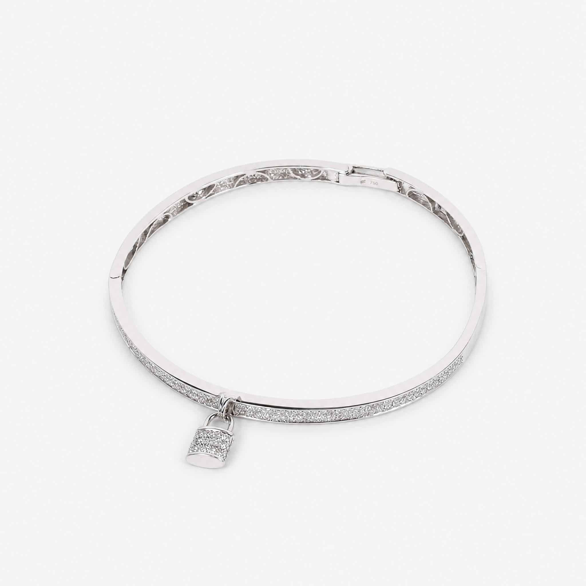 Natural Diamond Micro - Pave Bangle with Padlock Charm in 18K White Gold - JewelryAndStore