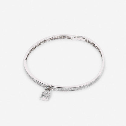 Natural Diamond Micro - Pave Bangle with Padlock Charm in 18K White Gold - JewelryAndStore