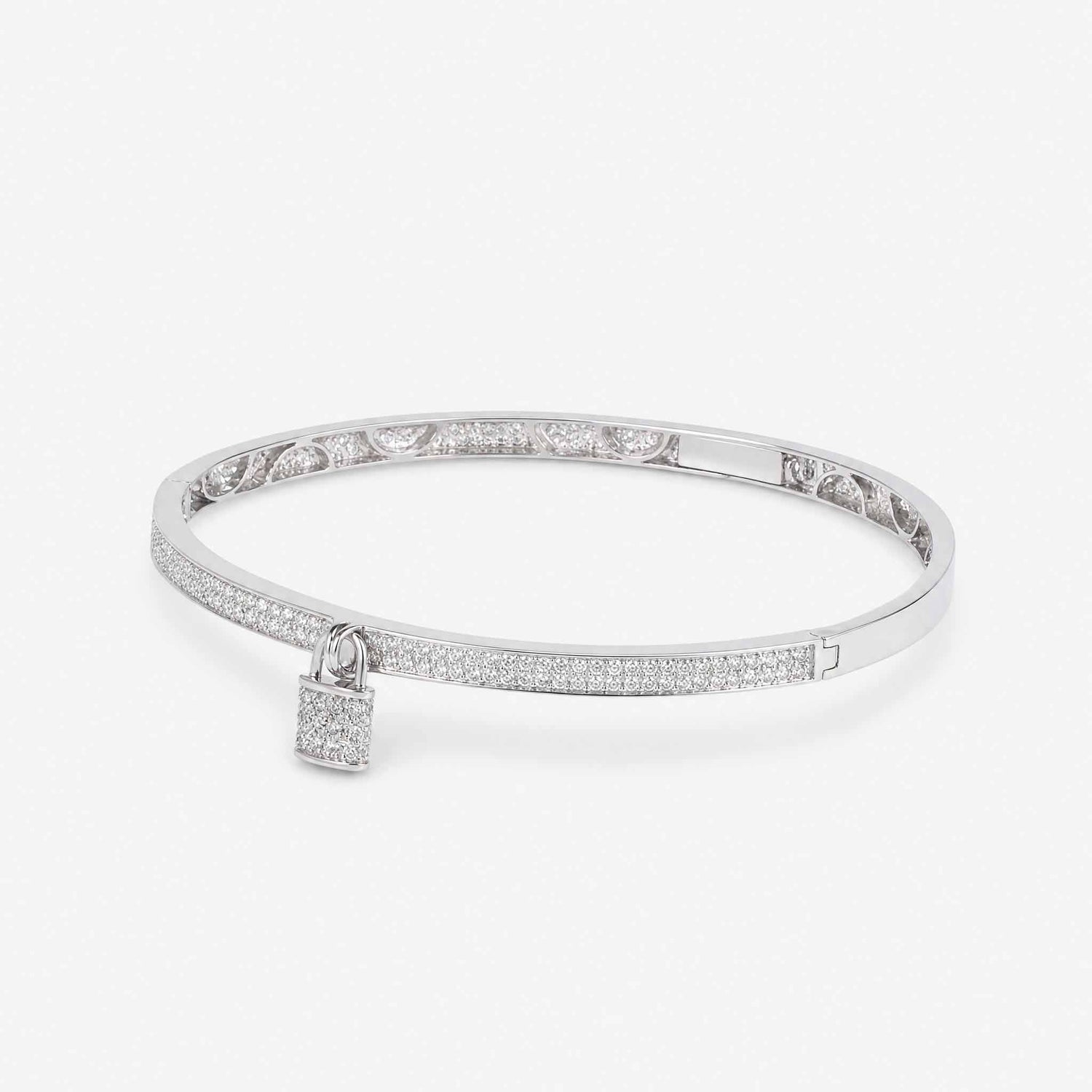 Natural Diamond Micro - Pave Bangle with Padlock Charm in 18K White Gold - JewelryAndStore