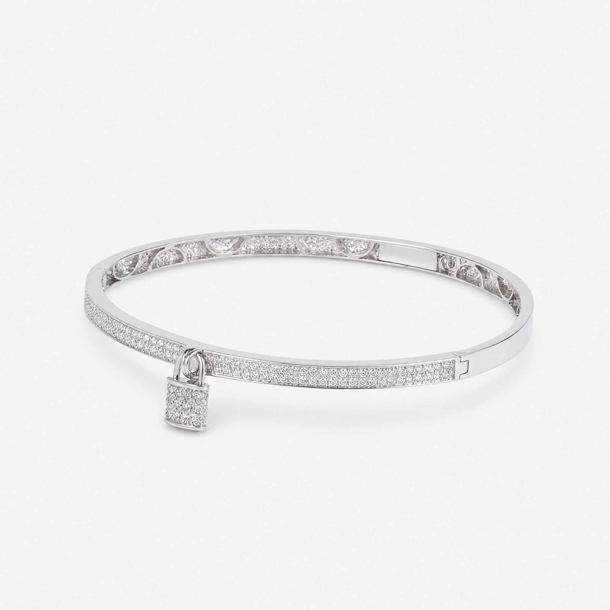 Natural Diamond Micro - Pave Bangle with Padlock Charm in 18K White Gold - JewelryAndStore