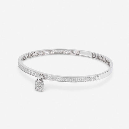 Natural Diamond Micro - Pave Bangle with Padlock Charm in 18K White Gold - JewelryAndStore